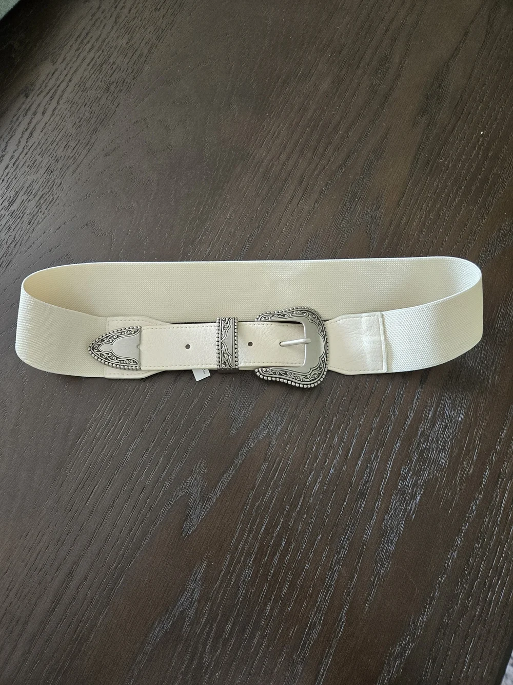 Vince Camuto Cream Stretch Belt with Silver Western Buckle